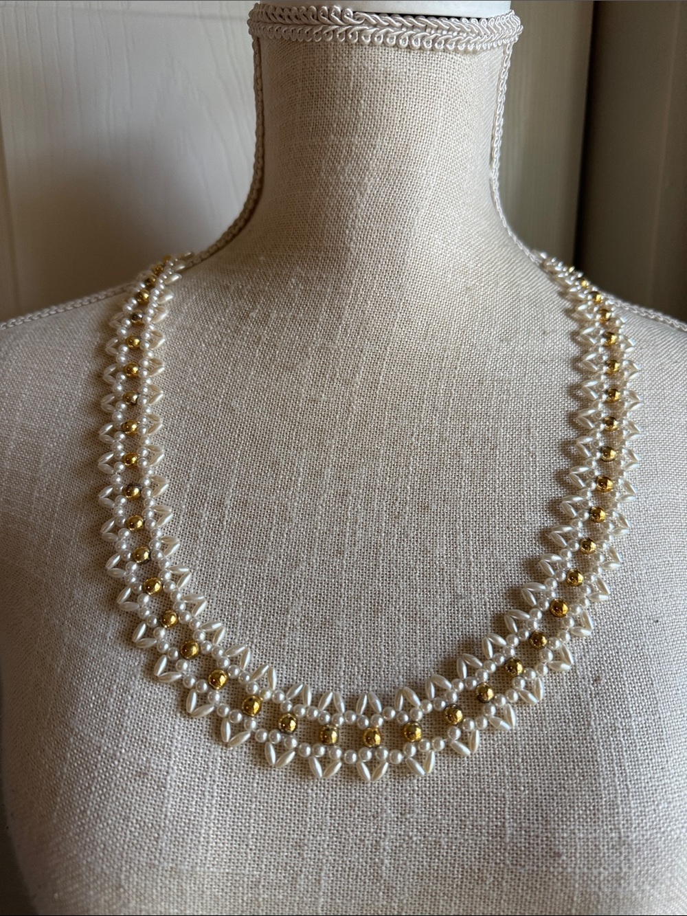 Handcrafted White Pearl and Gold Bead Necklace